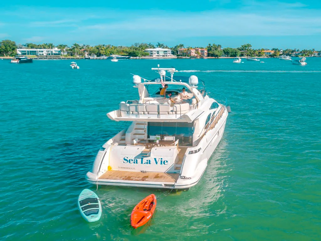 Luxury 84 Azimut yacht cruising the turquoise waters of the Bahamas.