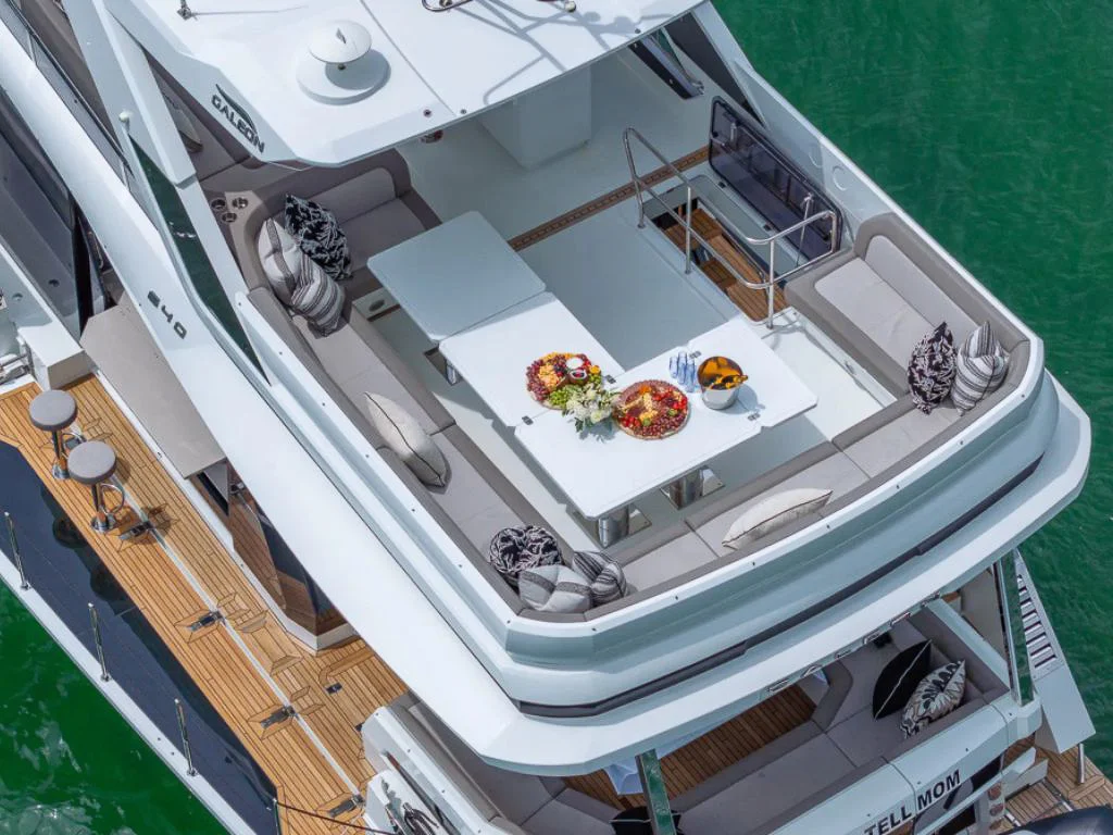 Aft deck of 68 Galeon IV yacht overlooking the water