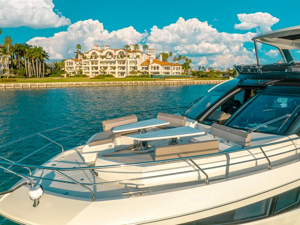 Deck area of the 68 Galeon II with lounge seating