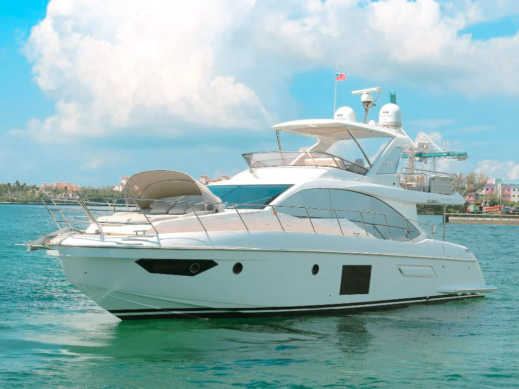 Sleek exterior of the 55 Azimut Fly yacht on the water