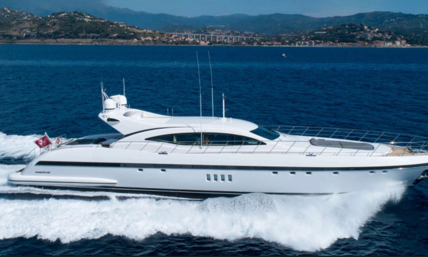 Rear view of 108 Mangusta yacht with open swim platform