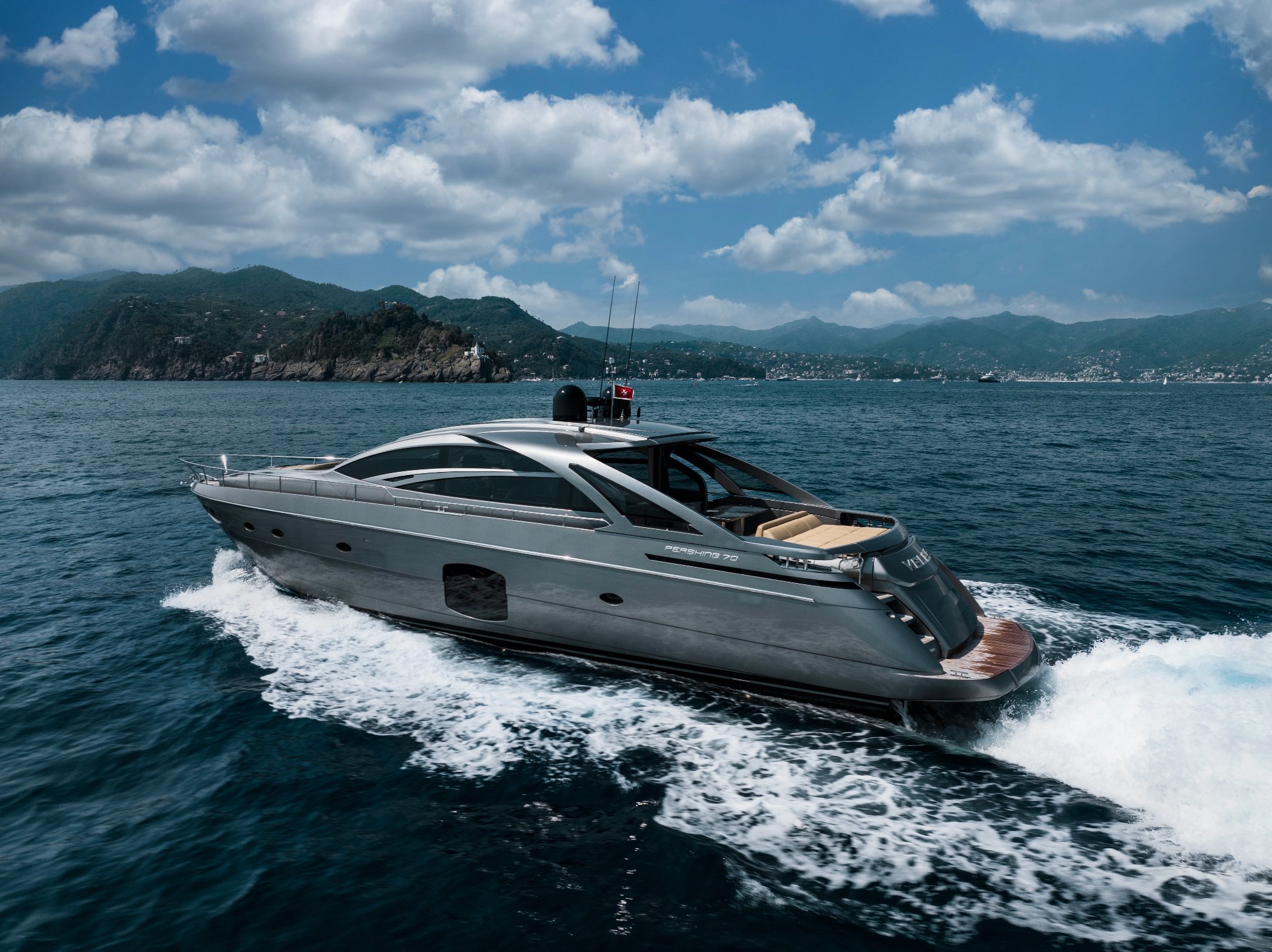 Back view of the 70 Pershing yacht showing its spacious deck