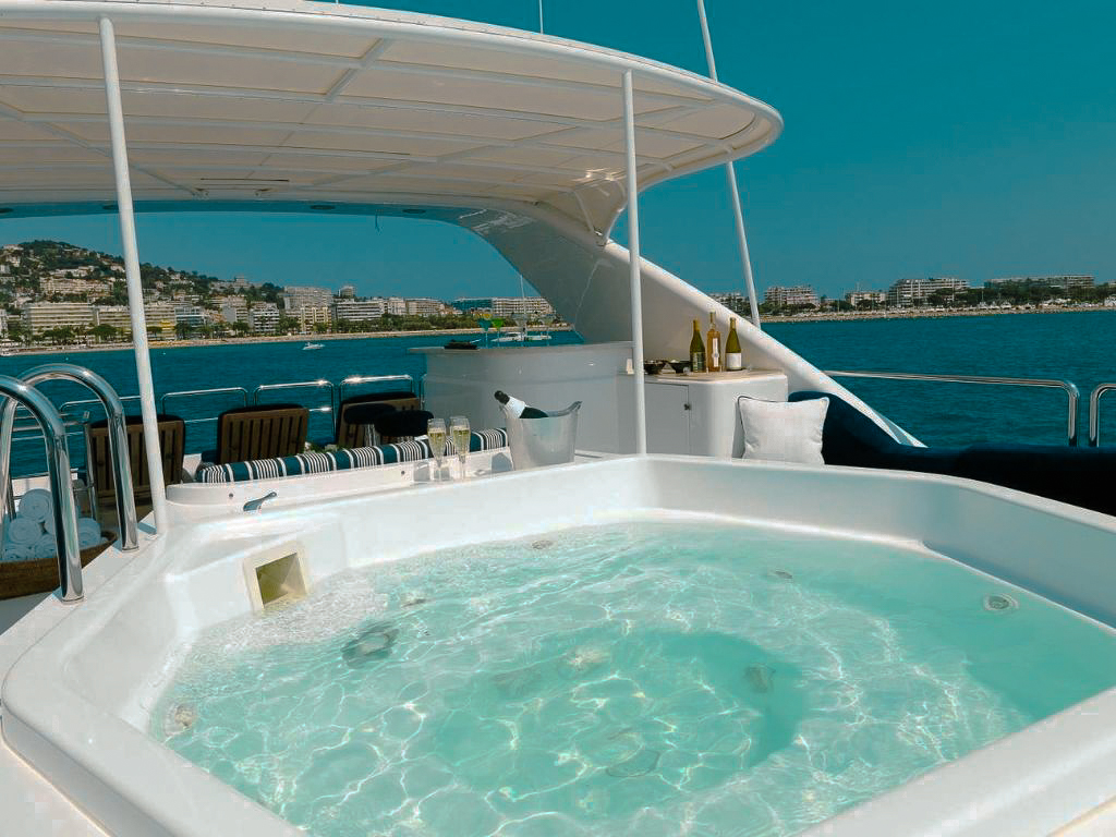 Seating area on the aft deck of the 115 Benetti yacht