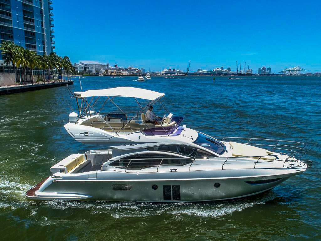 Bow of the 42 Azimut Fly yacht, showing sunbathing area