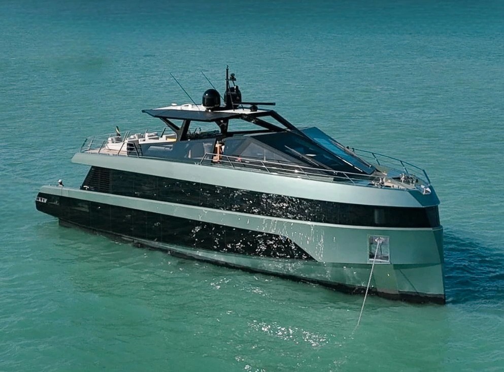 Brand new 85ft Wally yacht docked in Miami, ready for luxury charter experiences.
