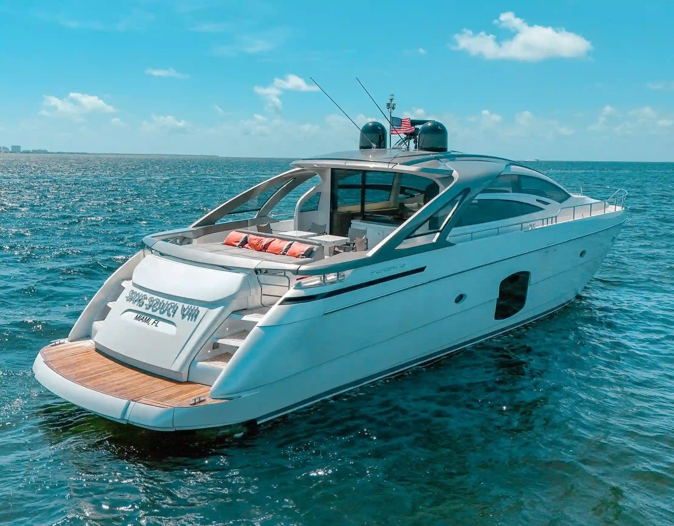 70 Pershing motor yacht with Poltrona Frau interiors available for charter in Miami