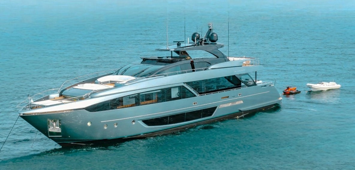 Exterior of the 110 Riva yacht in Miami, showing its sleek design