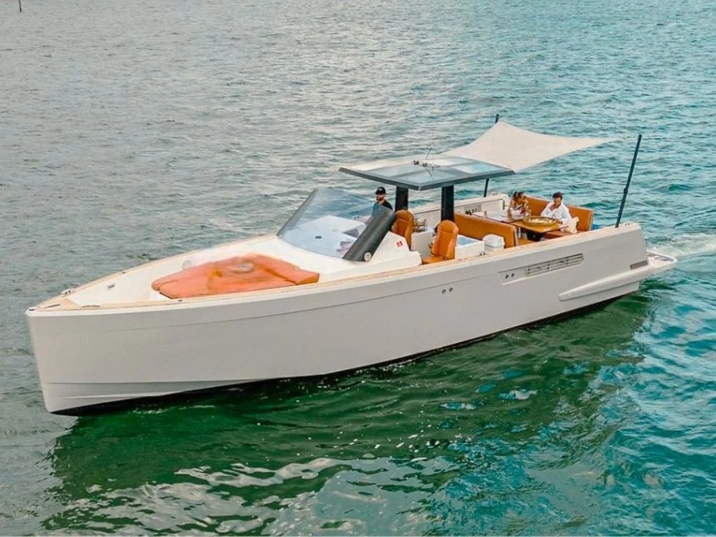 Exterior view of 40 Fjord yacht cruising on calm Miami waters