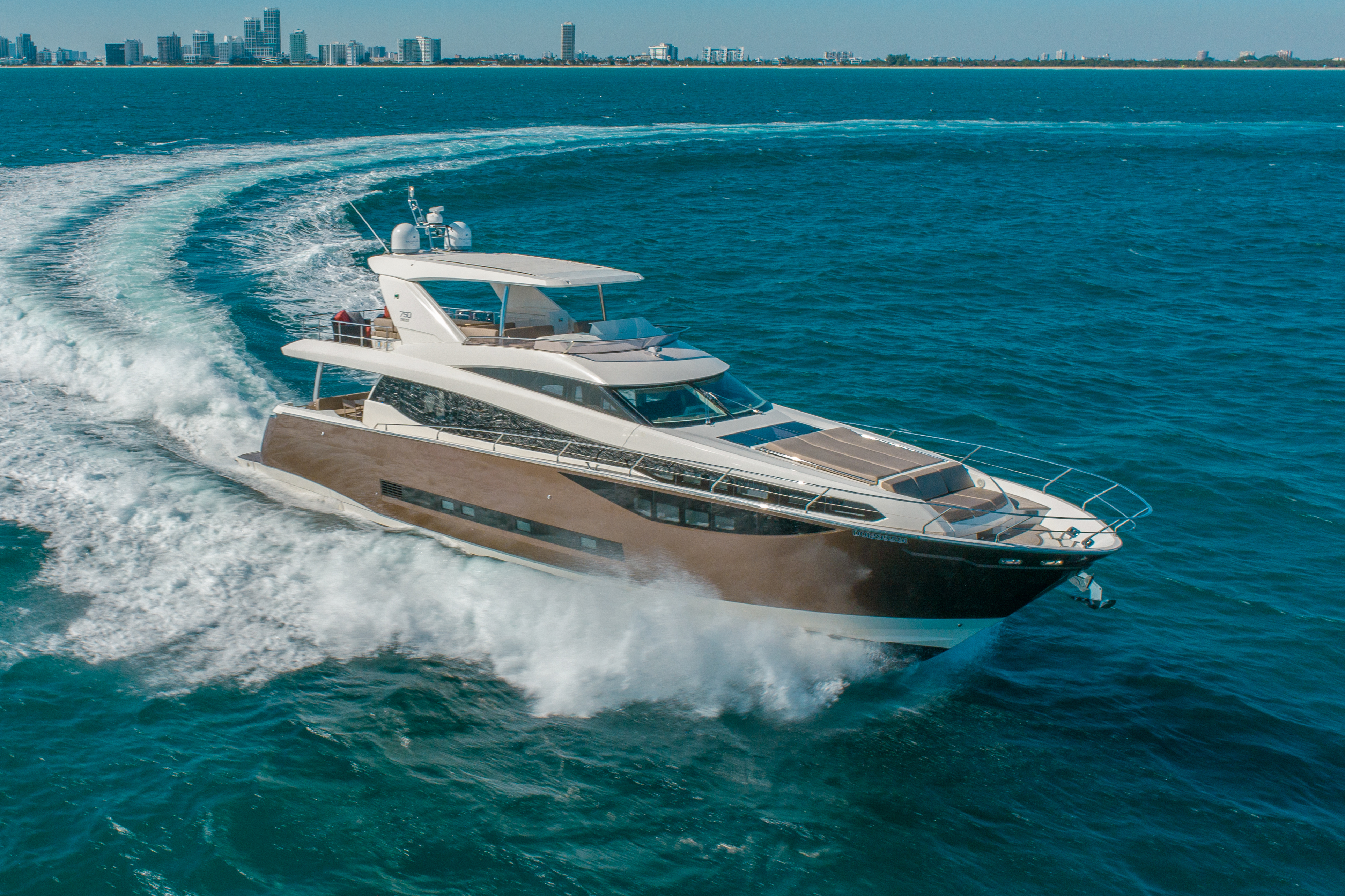 Exterior of 75 Prestige yacht in Miami waters