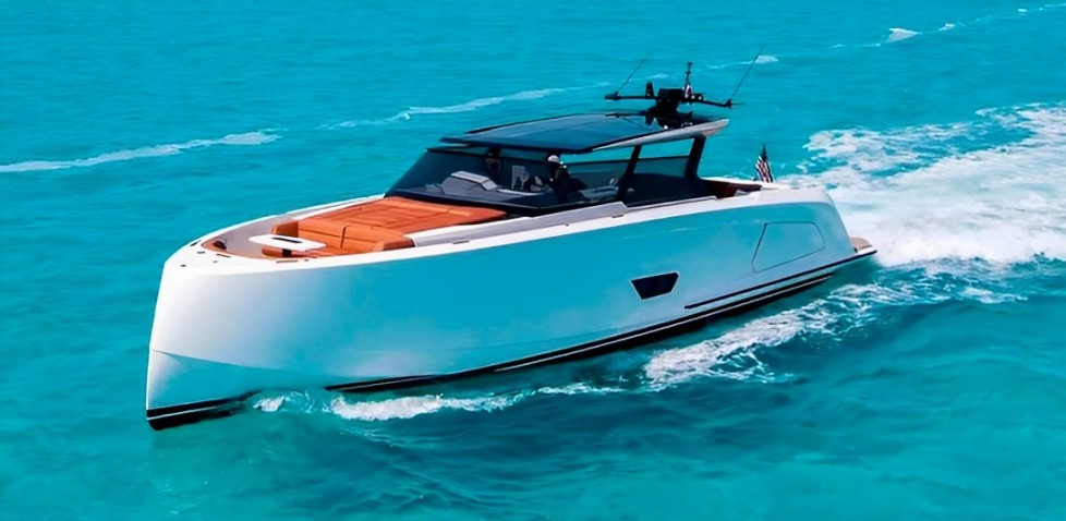 Sleek exterior of 58 Vanquish III yacht in Miami