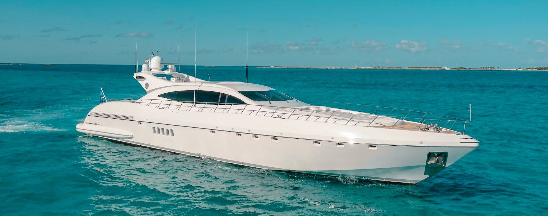 Exterior view of the 109 Mangusta yacht in The Bahamas