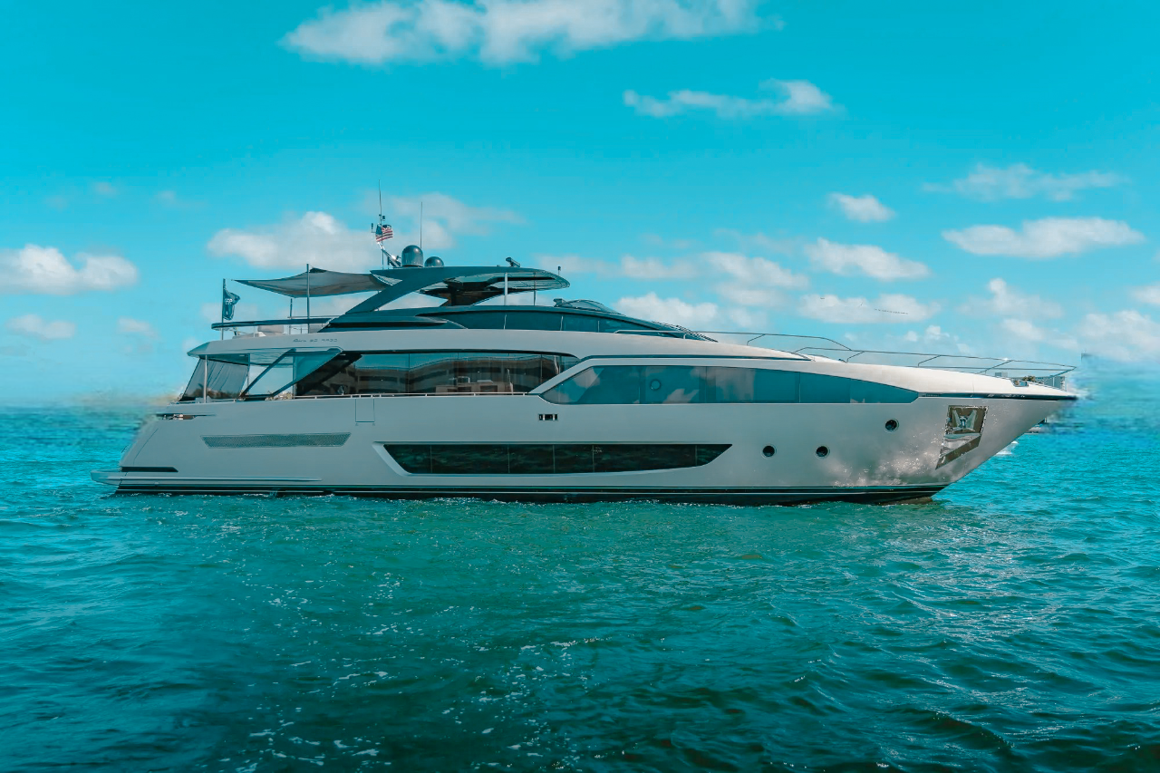 Exterior view of the 93 Riva yacht cruising on blue waters