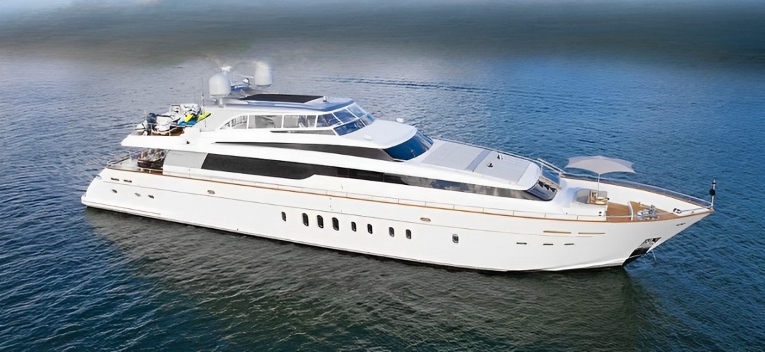 Exterior view of the 108 San Lorenzo yacht anchored in clear blue waters