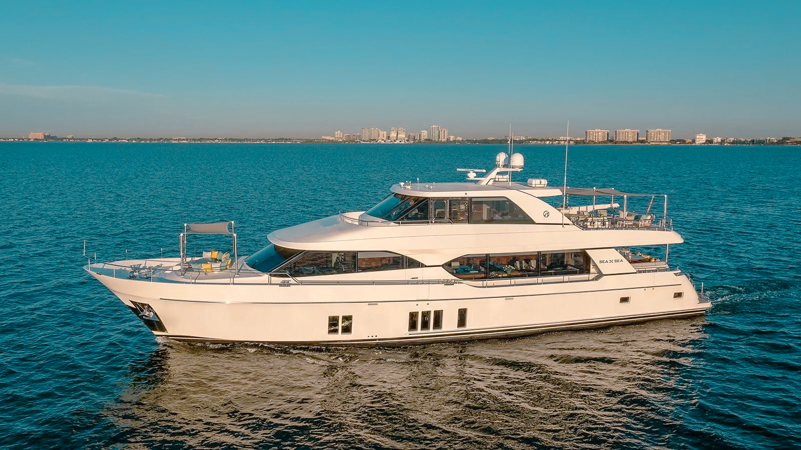 Exterior view of the 100 Ocean Alexander yacht cruising in The Bahamas