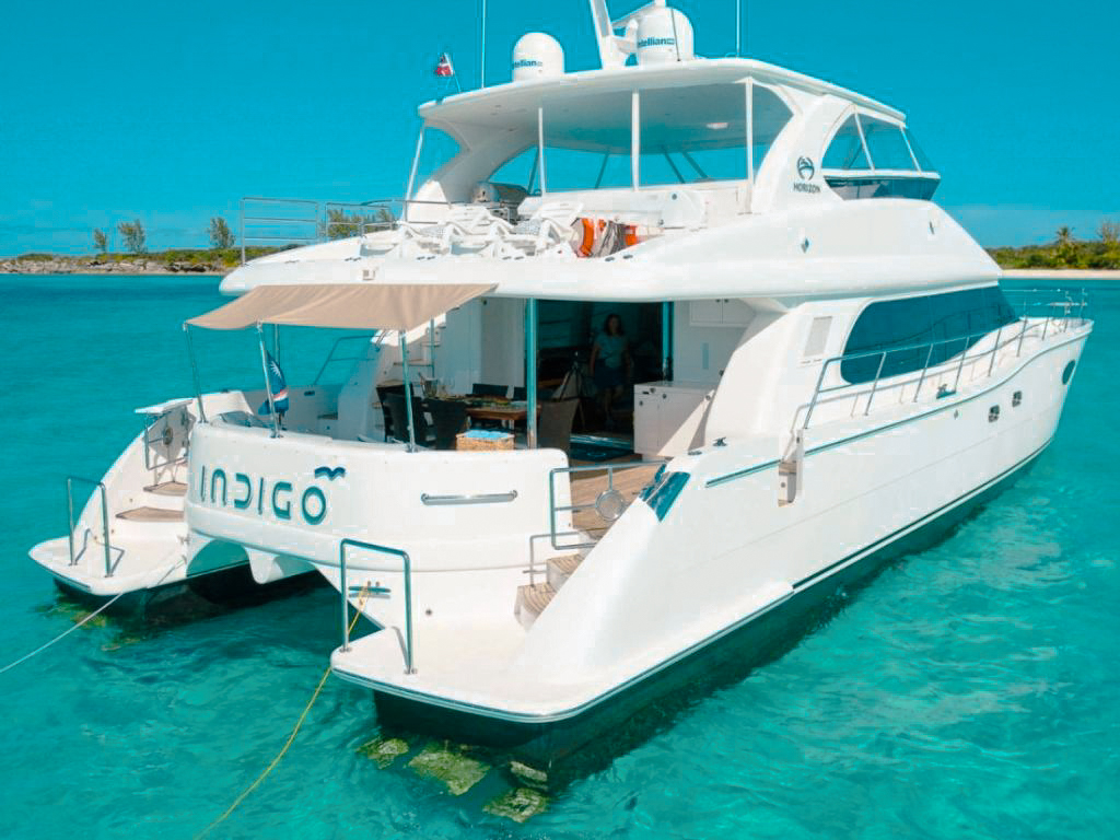 Stern view of 60 Horizon yacht docked in The Bahamas
