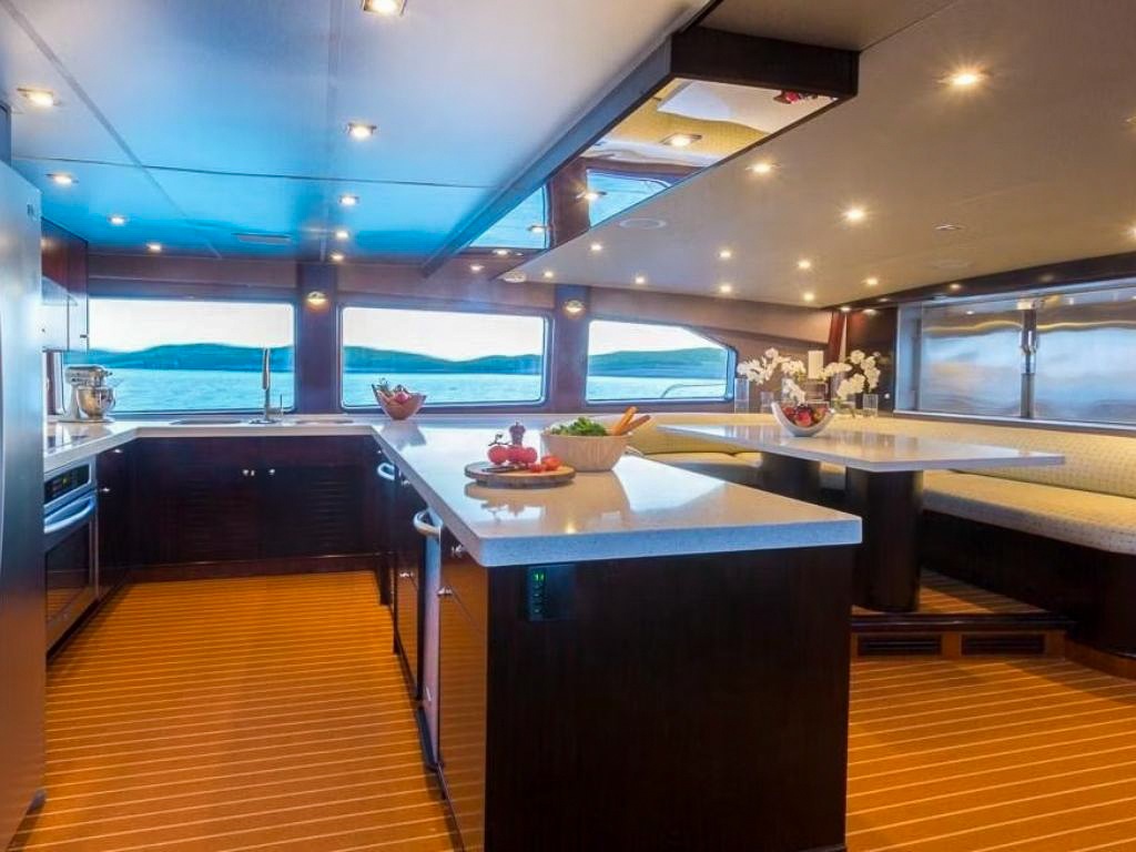 Upper deck view of the 116 Crescent yacht with lounge area