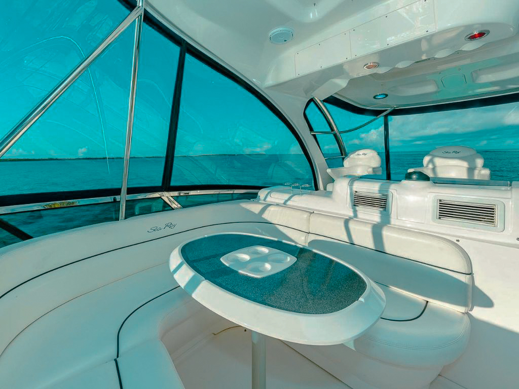 Bow sunpad seating area on 56 Sea Ray yacht