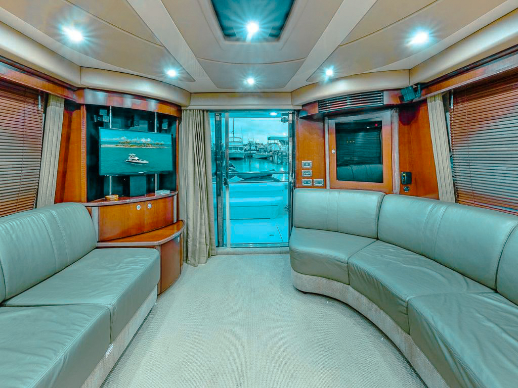 Spacious aft deck of 56 Sea Ray with water slide deployed