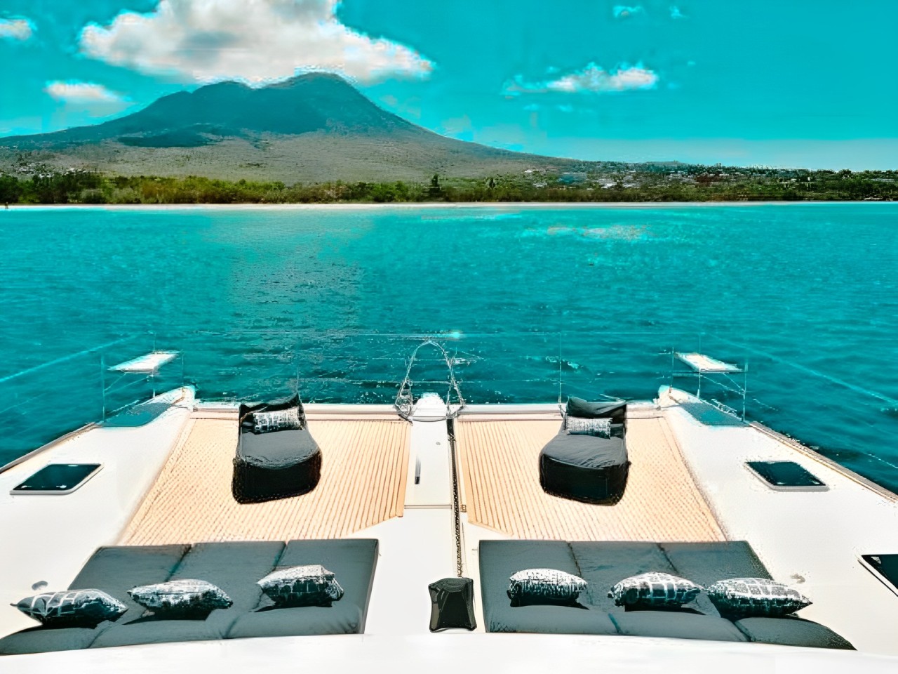 Interior salon of the 64 Lagoon yacht with dining area