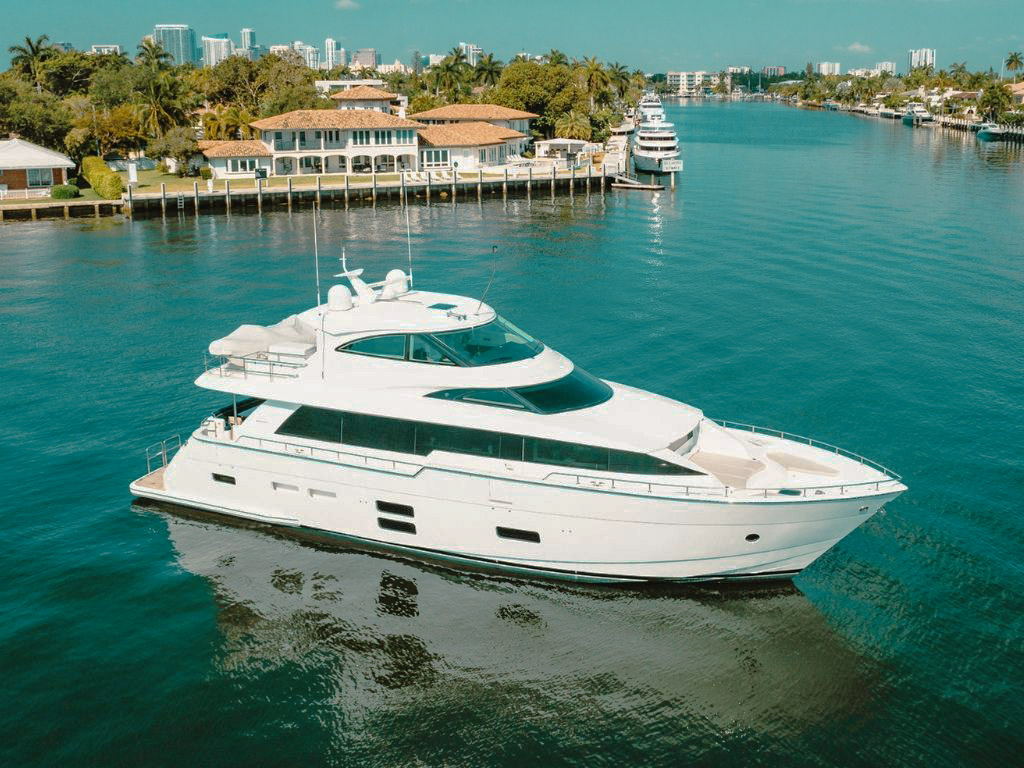 Aft deck of the 75 Hatteras with seating for guests