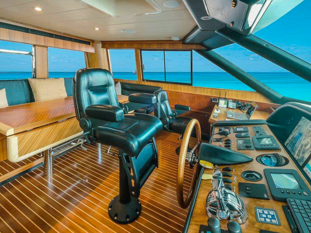Flybridge of 76 Horizon yacht with seating and views