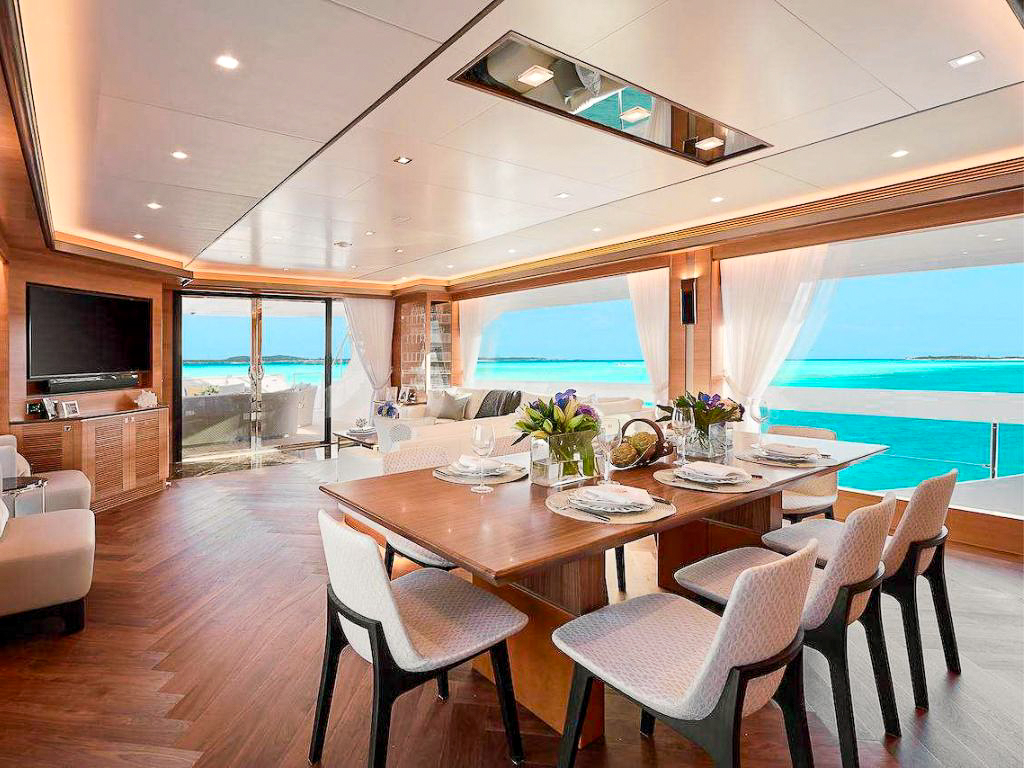Foredeck of the 87 Horizon yacht with sunpads
