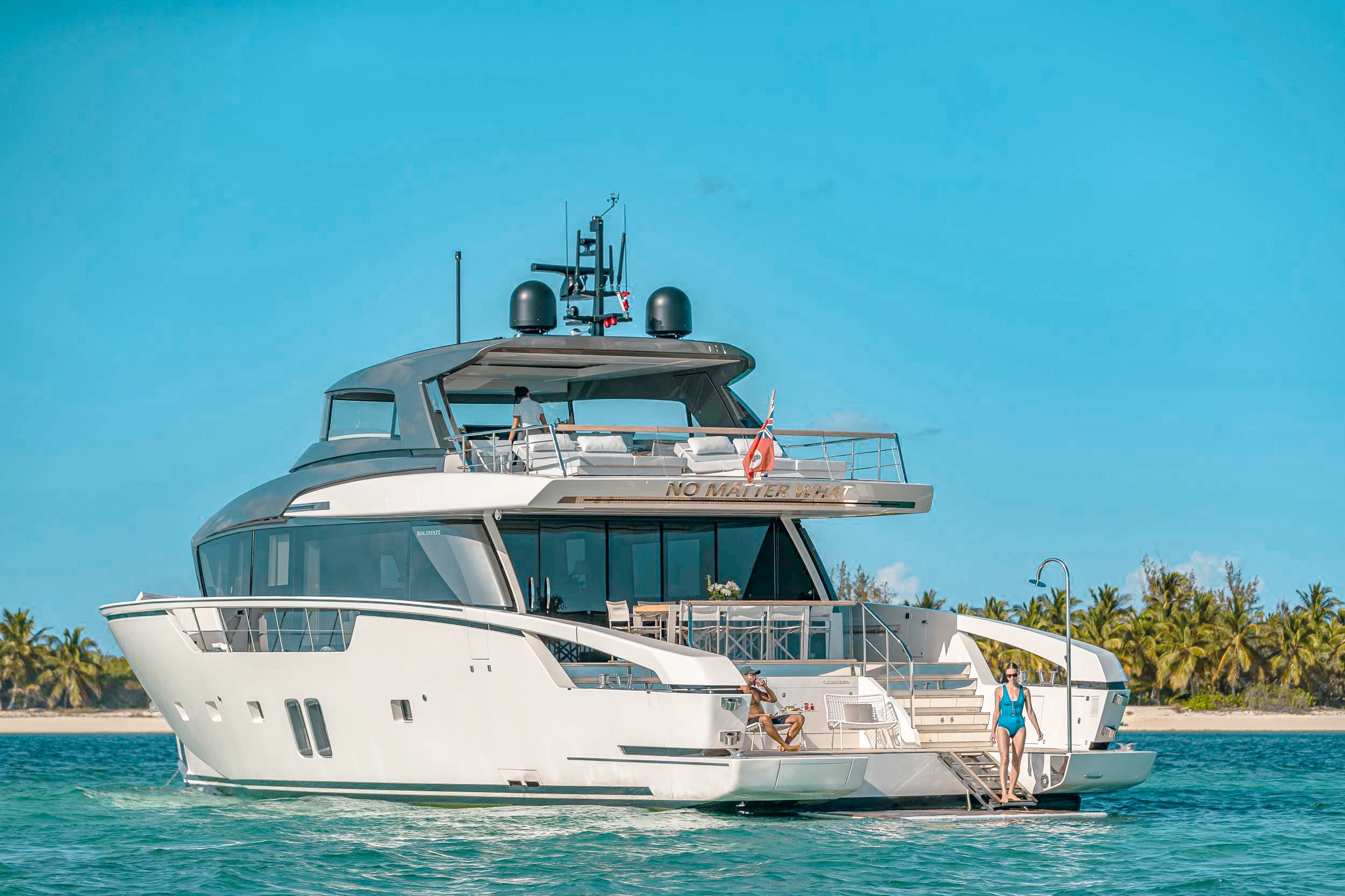 Exterior of 88 San Lorenzo yacht at sunset