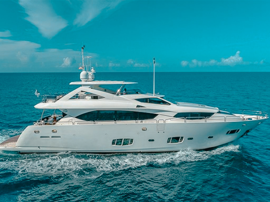 Deck area of the 98 Sunseeker yacht with seating and views