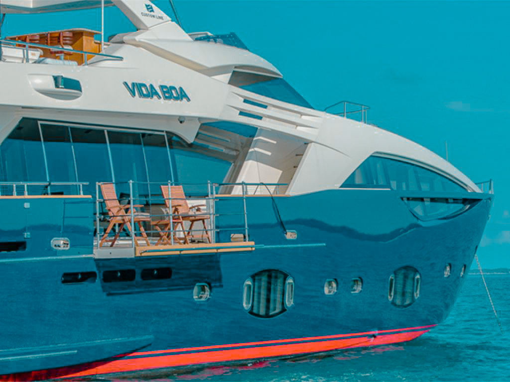 Rear view of 100 Ferretti with swimming platform lowered into the water