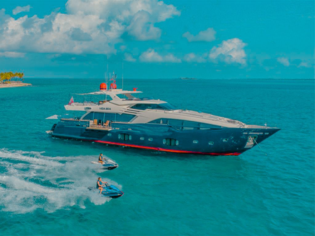 Exterior view of the 100 Ferretti yacht deck in the ocean