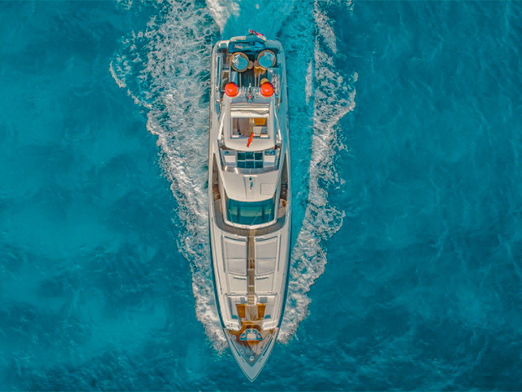 Top down view of 100 Ferretti with deck layout and sunpads visible