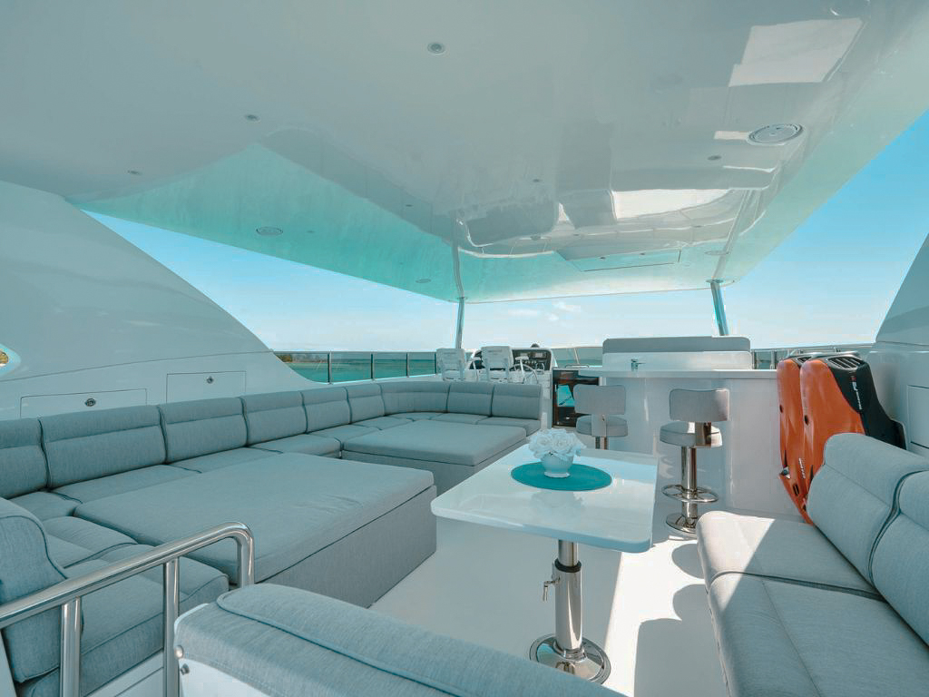 Rear view of 101 Hargrave yacht with water slide deployed