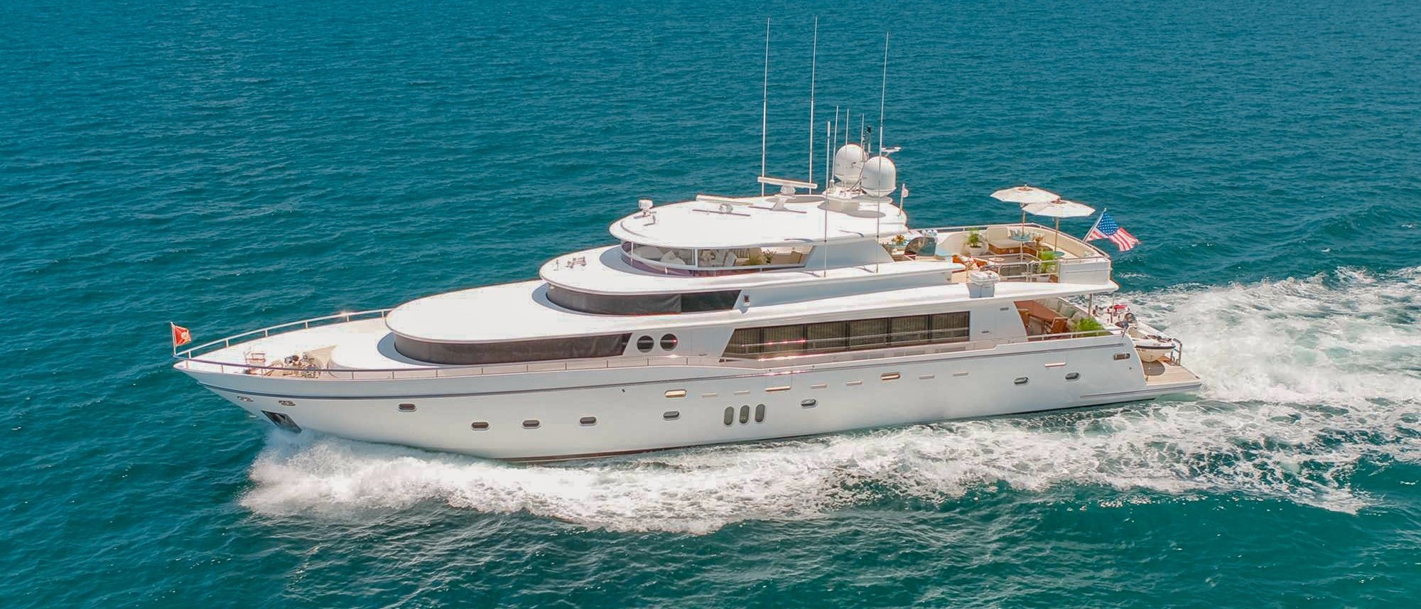 Exterior view of 103 Johnson yacht in The Bahamas
