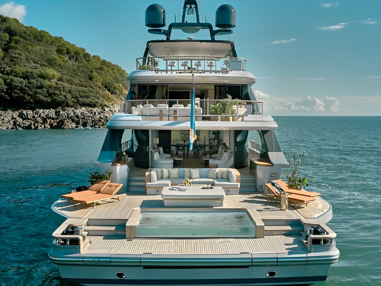 Rear view of 133 Benetti yacht at sea