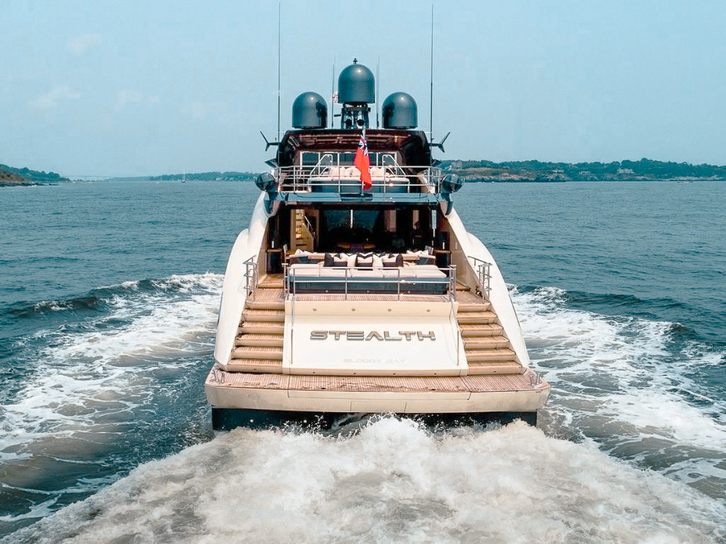 Aft deck of 150 Palmer Johnson II with seating and ocean view