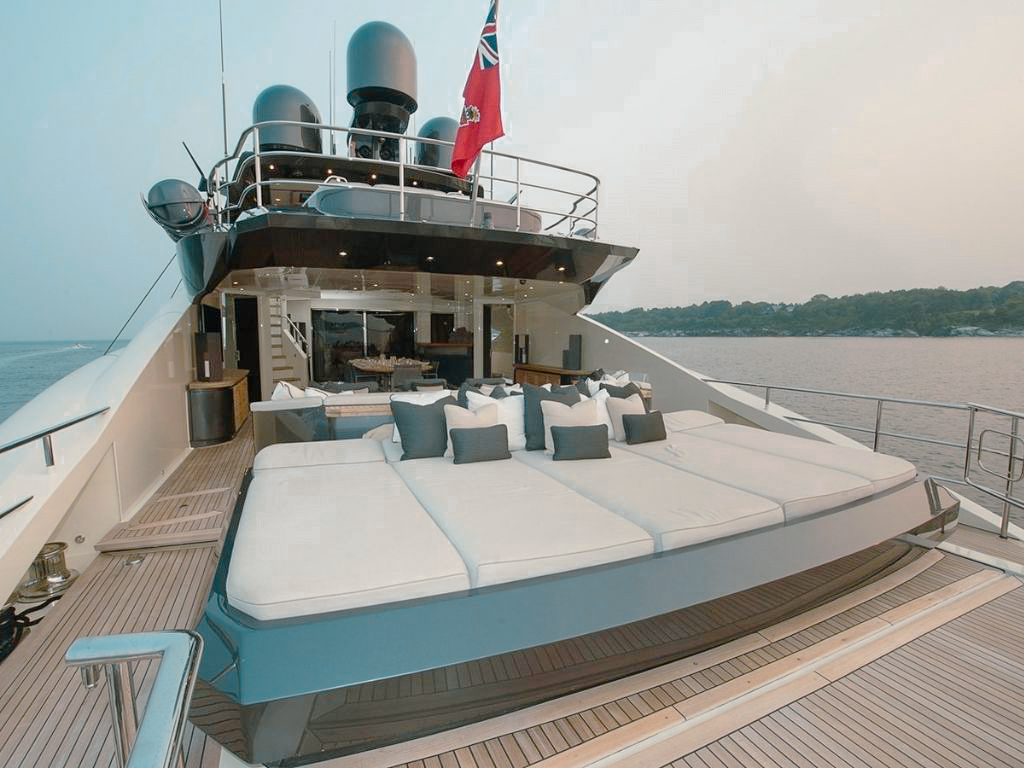 Bow of 150 Palmer Johnson II yacht with lounging area