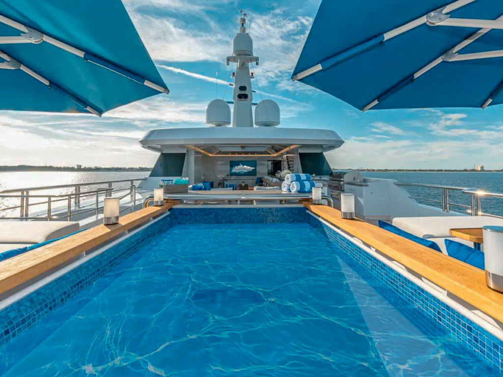 View of yacht's swimming pool and deck
