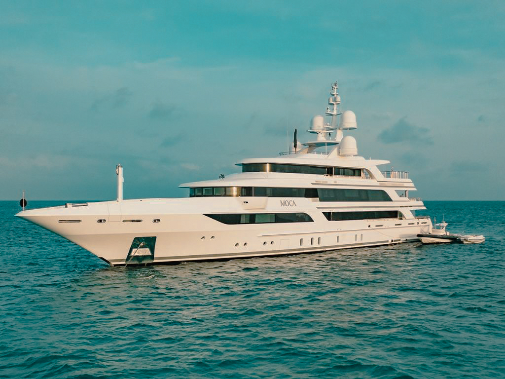 An aerial view of the 208 Benetti yacht in blue waters