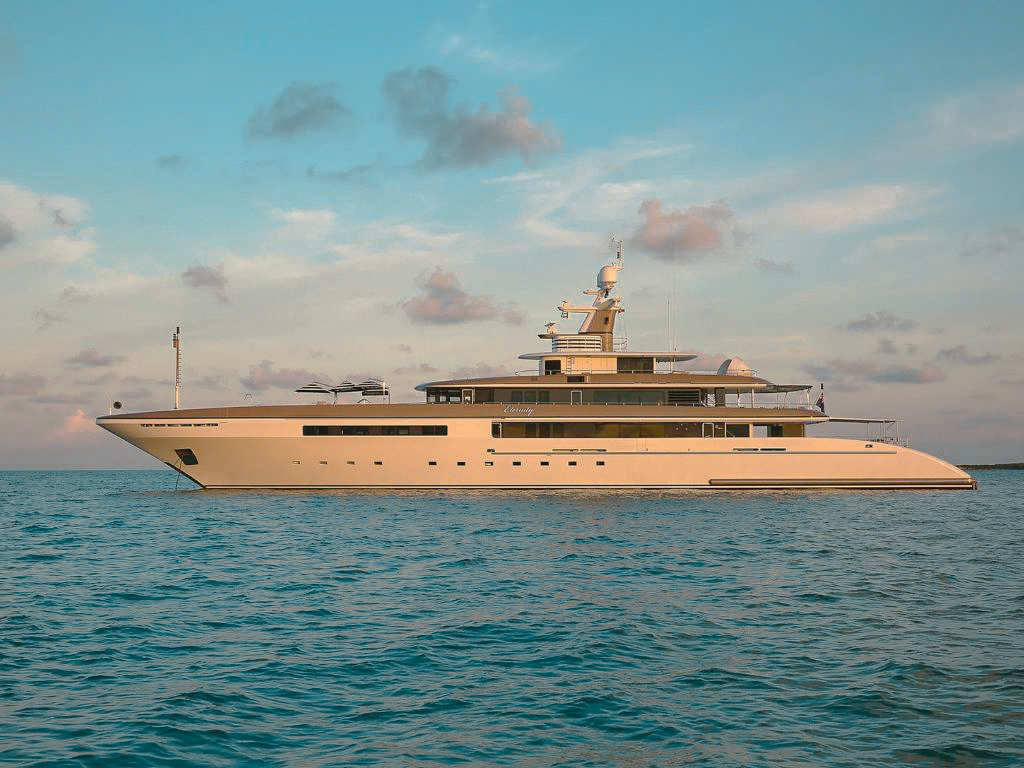 View of the sundeck and swimming pool on 238 Lurssen yacht
