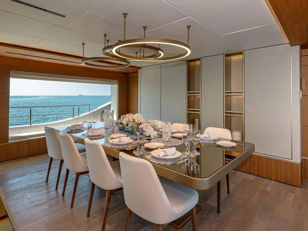 Interior salon of 120 Majesty yacht with elegant seating