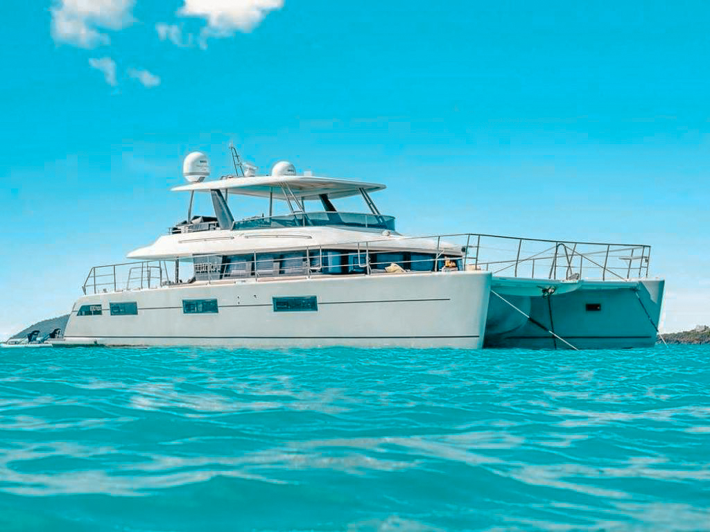 Side exterior view of 65 Lagoon II yacht docked in the Caribbean