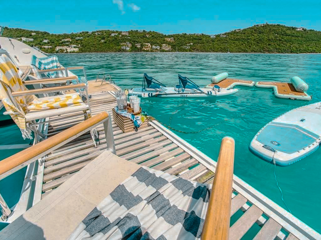 Bow of 65 Lagoon II yacht with seating area in the Caribbean