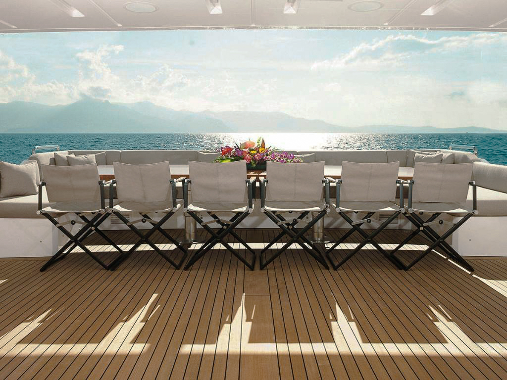 View of 140 Benetti yacht from the back, showing tender and water toys