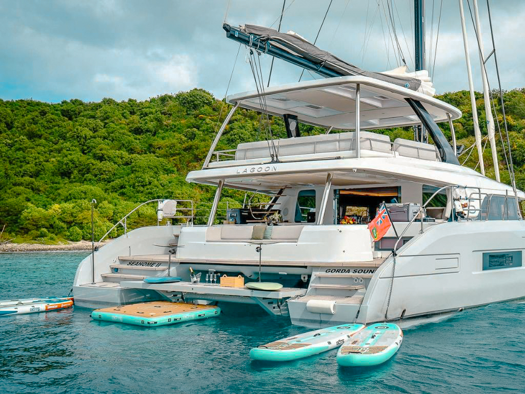 Another exterior shot of the 63 Lagoon sailing on calm Caribbean waters