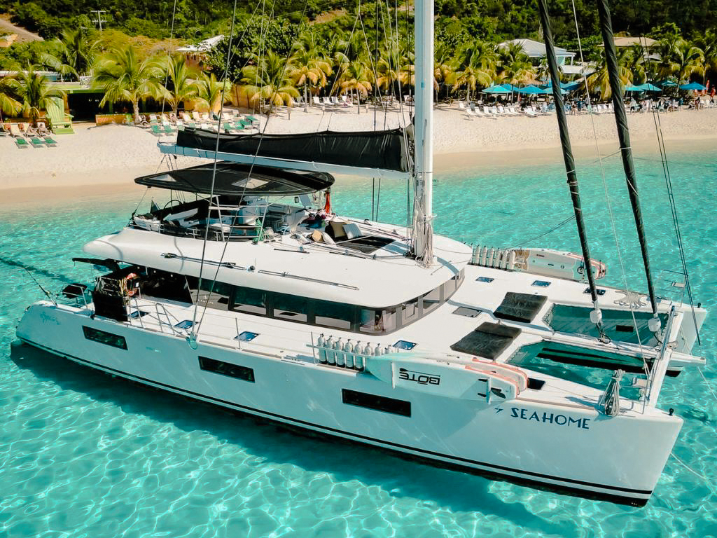 Exterior view of the 63 Lagoon yacht showing its spacious deck and lounge areas