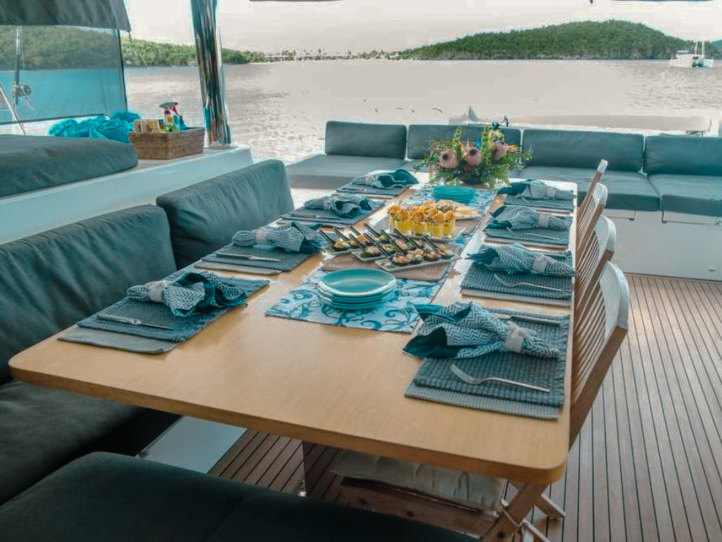 Detailed shot of the exterior lounge area on the 63 Lagoon deck
