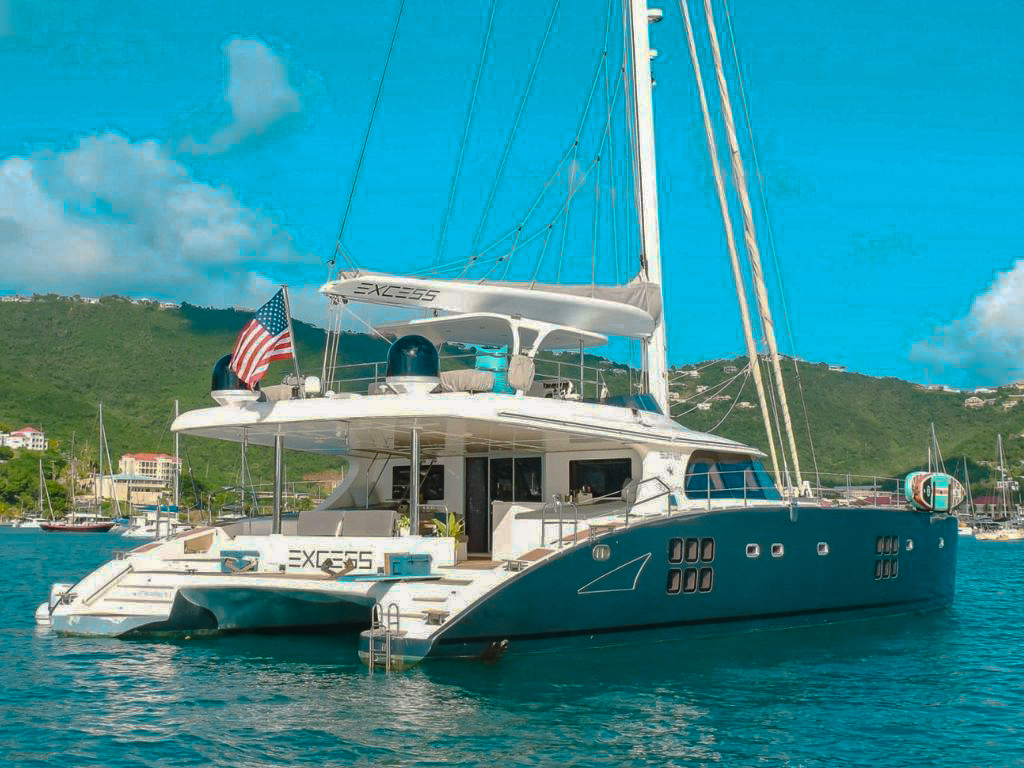 Side view of 70 Sunreef yacht at anchor in the Caribbean