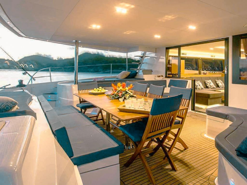 View of the open ocean from the bow of 70 Fountaine Pajot yacht