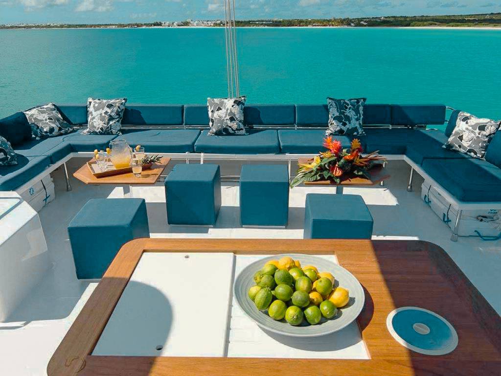 Top deck lounge area on 70 Fountaine Pajot yacht