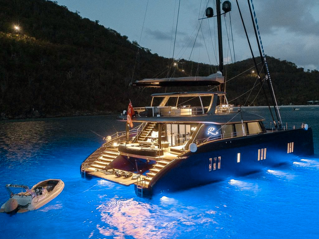Wide exterior shot of the 80 Sunreef III cruising